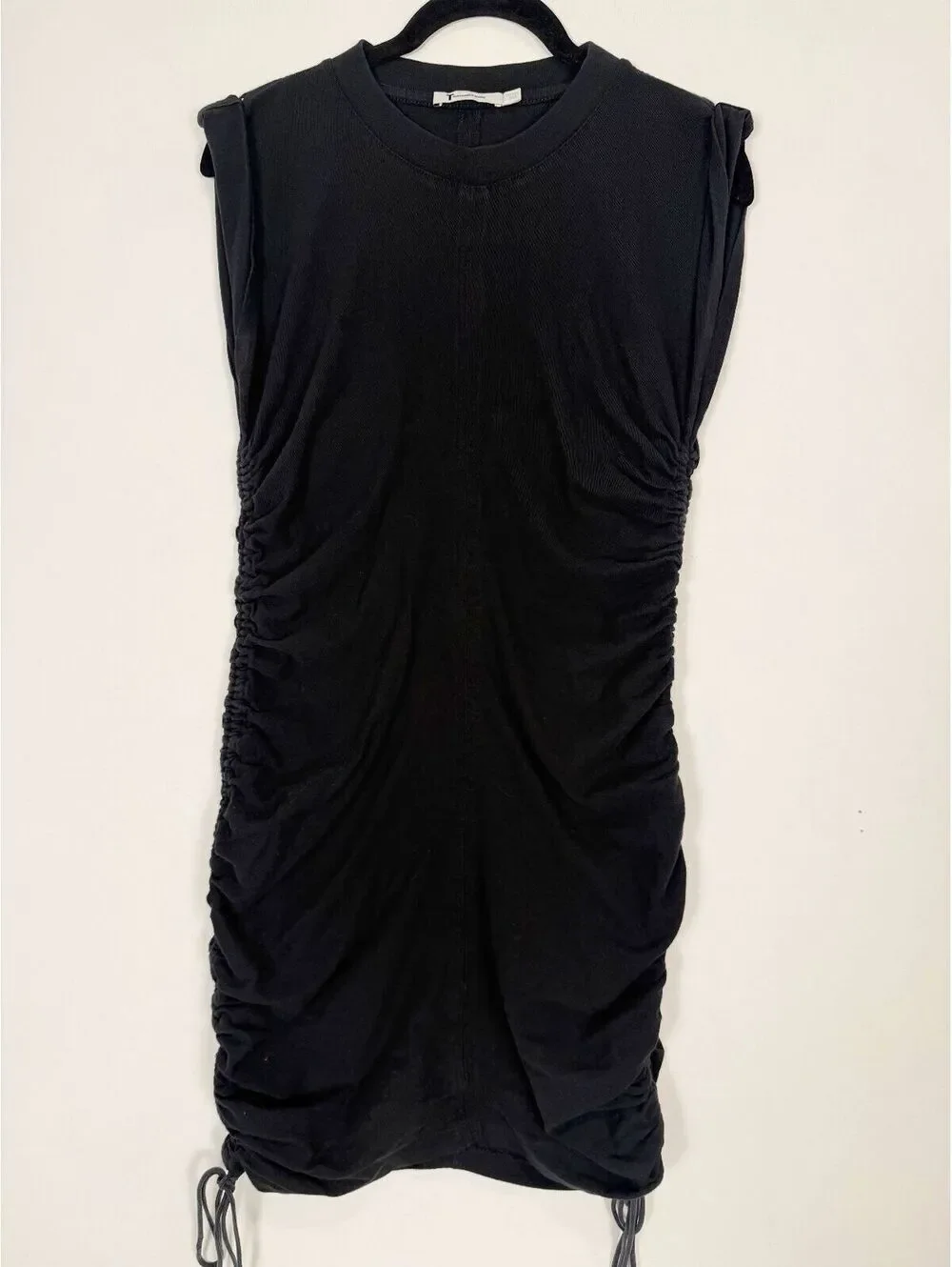 T by Alexanderwang Ruched Cotton Jersey Drawstring Mini Dress Black Sz Small